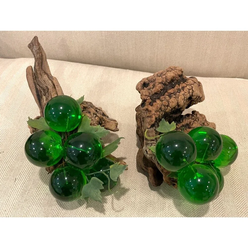 RARE Vintage Large Green Lucite Grape Cluster on Driftwood Burl Wood 8